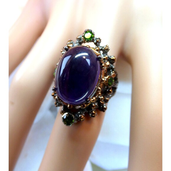 Amethyst-Chrome Diopside Sterling Silver Ring Sz 7.75 Botanical - Picture 3 of 6